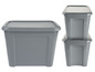 Drei graue Aufbewahrungsbehälter mit Deckel.