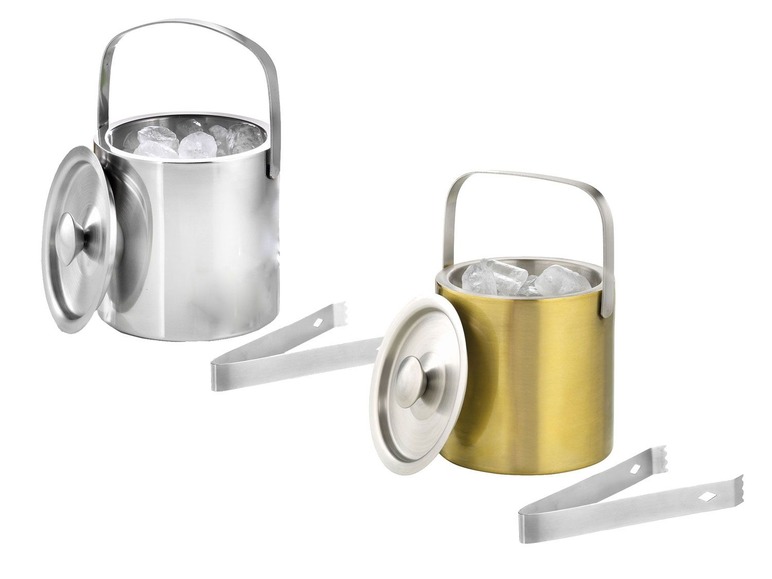 Zwei Eiseimer mit Deckel und Zangen, einer silbern und einer golden.