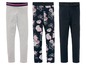 Drei Leggings: grau, dunkelblau mit Blumenmuster und dunkelblau.