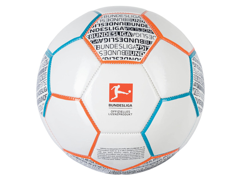 Ein weißer Fußball mit orangefarbenen und türkisfarbenen Details, mit dem Bundesliga-Logo und dem Schriftzug 'Offizielles Lizenzprodukt'.
