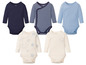 Baby-Bodys in marineblau, gestreift, blau und creme mit Drucken.