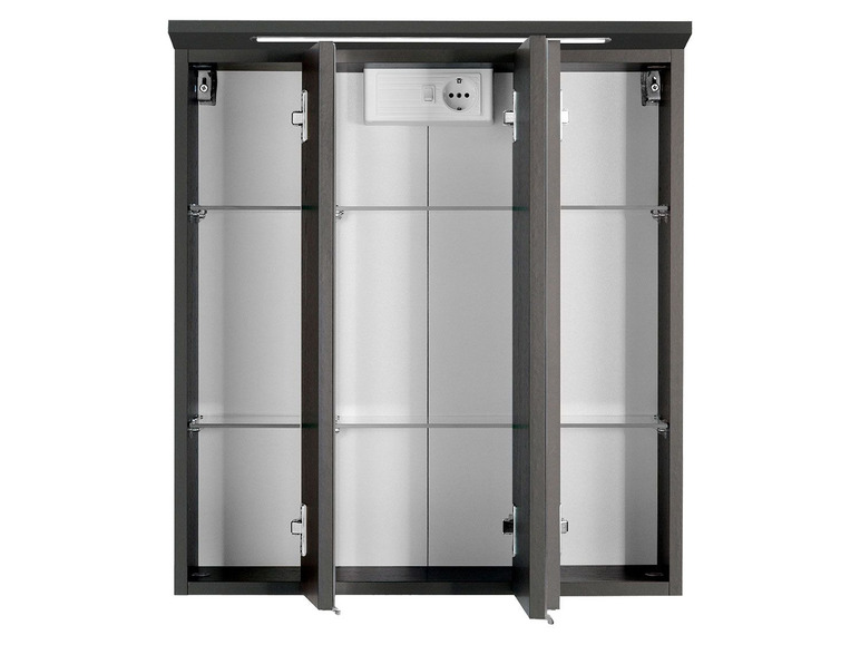 Ein dunkler Badschrank mit drei Türen und Glasböden.