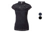 Schwarze Spitze-Bluse mit kurzen Ärmeln und hohem Kragen.