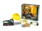 Bosch Spielzeug-Kettensäge, Helm, Gehörschutz, Handschuhe und Brille.