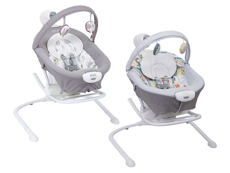 Zwei Graco Babyschaukeln mit verschiedenen Stoffbezügen.