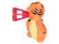 Ein orangefarbenes Tiger-Spielzeug, das Seifenblasen bläst.