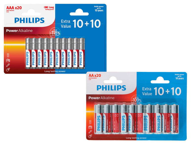 Zwei Packungen mit 20 Philips Power Alkaline AA- und AAA-Batterien.