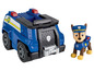 Ein blaues Paw Patrol Polizeifahrzeug mit Chase.