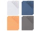 Vier Bettwäsche-Sets in Weiß, Blau, Orange und Grau.