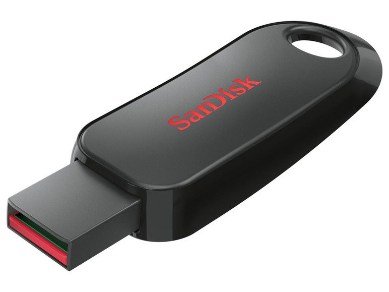 Ein schwarzer SanDisk USB-Stick mit rotem Öse.