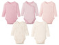 Baby-Bodys in Rosa und Weiß, mit Streifen und einem Druckmotiv.