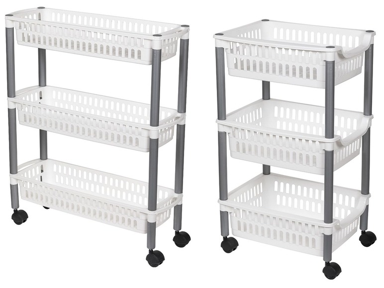 Zwei weiße Regale mit Rollen und drei Körben.