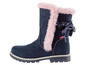 Blaue Mädchenboots mit rosa Fellbesatz und Schleife.