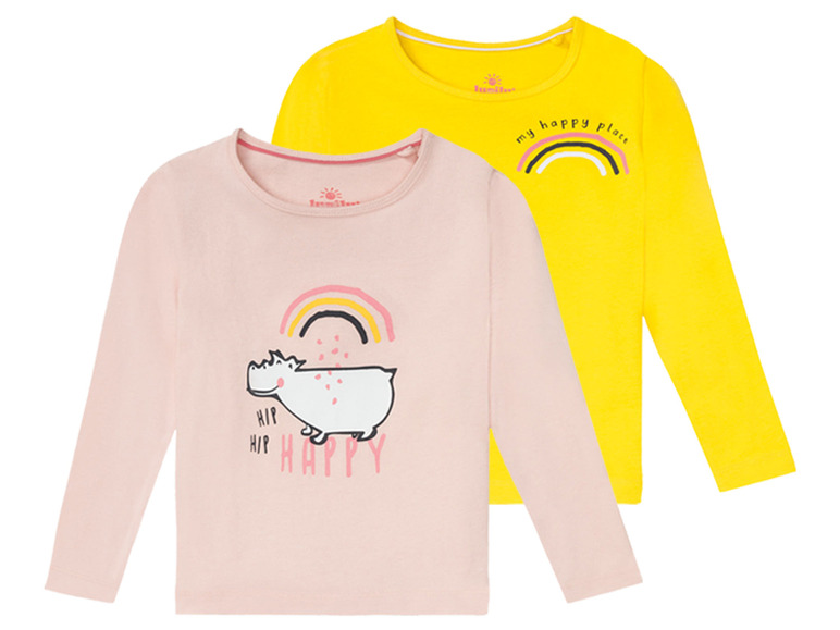 Zwei langärmelige T-Shirts für Mädchen mit einem Nilpferd- und einem Regenbogen-Motiv.