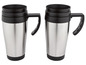 Zwei silberne Thermosbecher mit schwarzen Deckeln und Griffen.