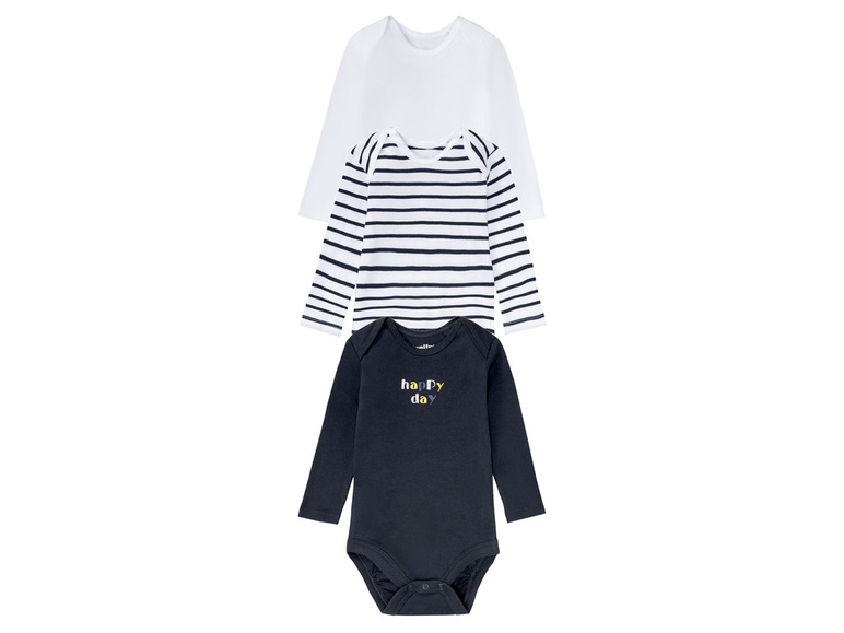 Ein Set mit einem weißen, gestreiften und schwarzen Baby-Body mit dem Schriftzug 'happy day'.