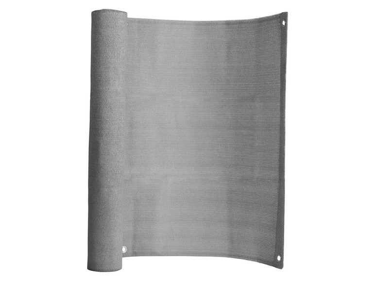 Grauer Sonnenschutz mit Ösen, aufgerollt.