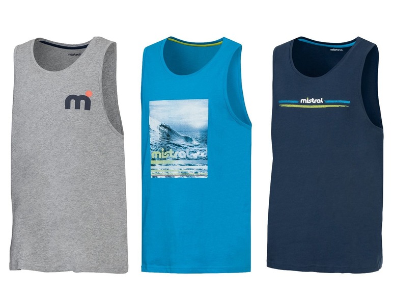 Drei Tanktops von Mistral in grau, blau und türkis.