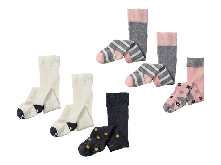 Weiße, graue und rosa Baby Leggings mit Punkten und Streifen.