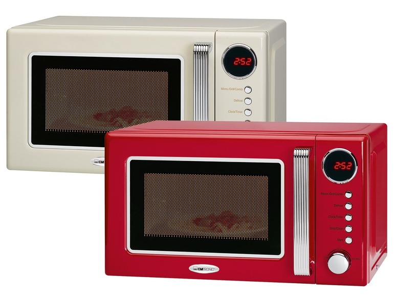 Zwei Retro-Mikrowellen in Weiß und Rot.