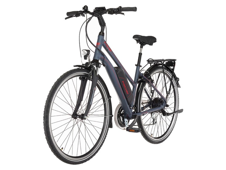 Ein graues Fischer E-Bike mit Gepäckträger.