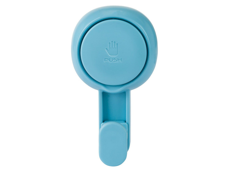 Blauer Haken mit Saugnapf und Push-Knopf.