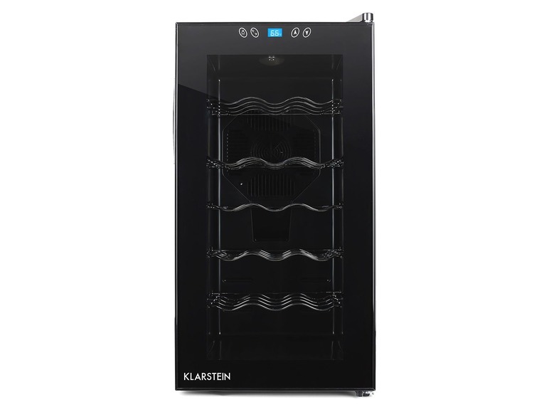 Schwarzer Weinkühler von Klarstein mit Glastür.
