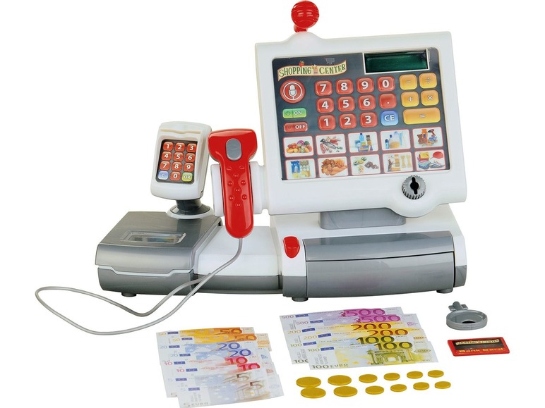 Eine Spielzeugkasse mit Scanner, Geld und einer Bankkarte.