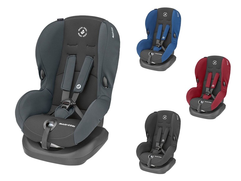 Vier Maxi-Cosi Autositze in verschiedenen Farben.