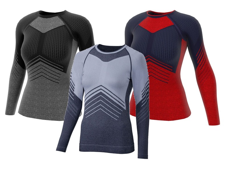 Drei Langarm-Shirts in Schwarz, Blau und Rot mit geometrischem Muster.