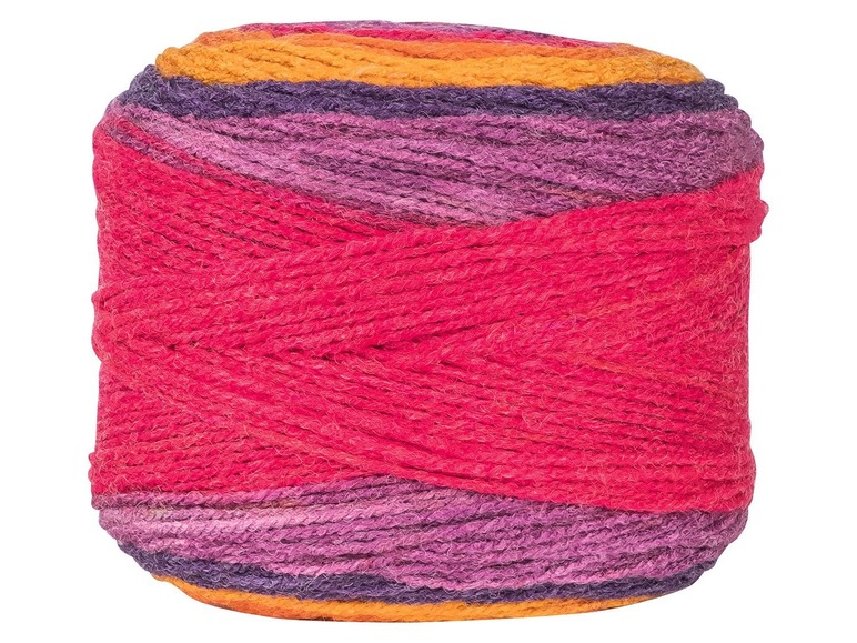 Garnknäuel mit rosa, lila und orangefarbenen Streifen.