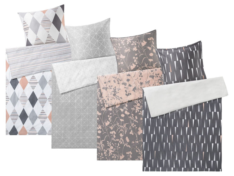 Verschiedene Bettwäsche-Sets mit geometrischen und floralen Mustern in Grau- und Rosétönen.