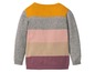 Ein gestreifter Pullover für Mädchen in Grau, Gelb, Rosa und Braun.
