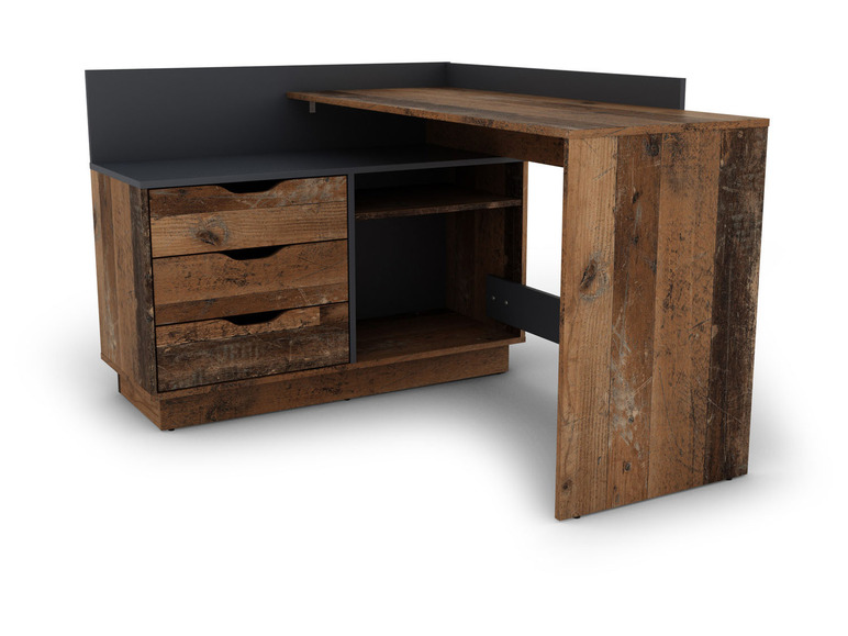 Ein Eck-Schreibtisch aus Holz mit drei Schubladen und einem offenen Fach.