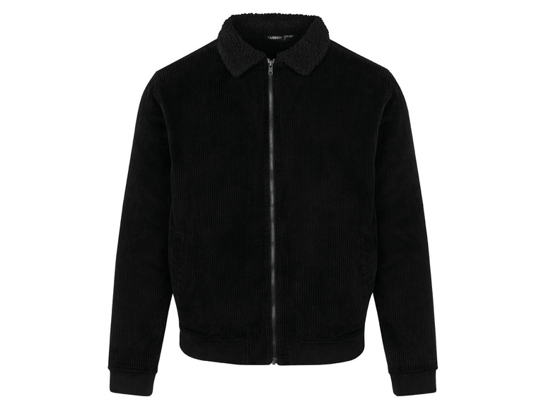 Schwarze Cord-Bomberjacke mit Fleecefutter.