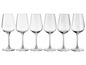 Sechs Rotweingläser.