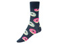 Eine dunkelblaue Socke mit Donut-Motiv.