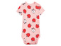 Ein rosa Baby-Body mit kurzen Ärmeln und Apfelmuster.