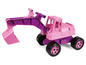 Ein rosafarbener Spielzeugbagger mit Schaufel.