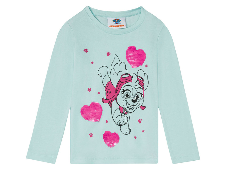 Ein hellblaues Langarmshirt mit Skye von Paw Patrol und Glitzer.