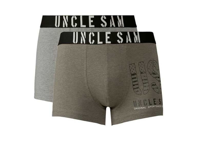 Zwei Uncle Sam Boxershorts, grau und grün mit amerikanischer Flaggen-Druck.
