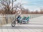 Eine Frau fährt ein Mate. E-Bike mit einem Qeridoo Anhänger.