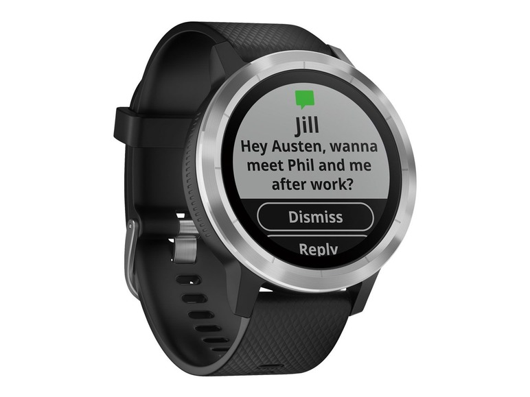 Eine schwarze Smartwatch mit silbernem Rahmen und einer Nachricht auf dem Display.