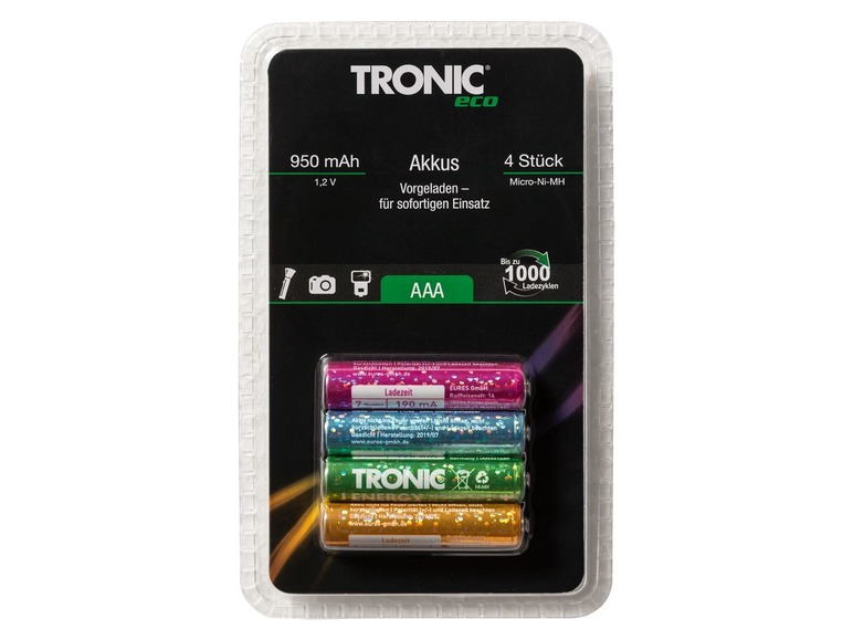 Vier Stück TRONIC eco wiederaufladbare AA-Batterien, 950 mAh.
