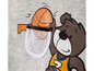 Ein grauer Pullover mit Basketball-Design, einem Bären mit einem Basketball und einem Netz