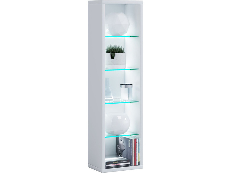Weißer Bücherregal mit Glasböden und LED-Beleuchtung.