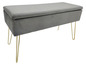 Graue Samtbank mit goldenen Beinen und Stauraum.