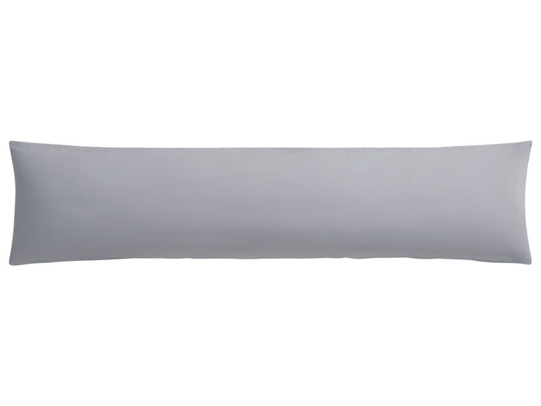 Ein grauer Kissenbezug für ein langes Kissen.