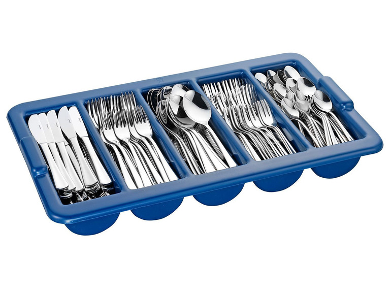 Ein blauer Besteckkasten mit Messern, Gabeln und Löffeln.