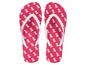 Ein Paar rosa Flip-Flops mit einem weißen 'M'-Logo